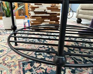 #18 - $70 - Round coffee table decorative wood style top on metal base 18x35D