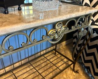 #46 - $180 - Baker's rack cast iron and faux marble top 6Hx38Wx17D