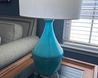 #6 - $100 - Pair pottery turquoise lamps 32x16
