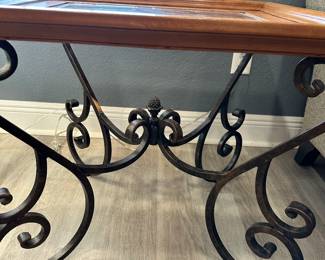 #5 - $250 - Pair of side tables glass/wood top wrought iron base 23Hx27Wx27D