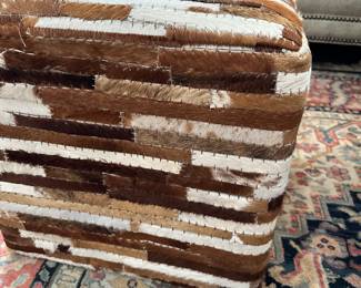 #17 - $100 - Cowhide patchwork square stool 18x18x18 as is