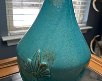 #6 - $100 - Pair pottery turquoise lamps 32x16