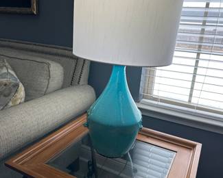 #6 - $100 - Pair pottery turquoise lamps 32x16