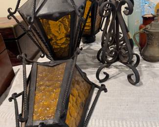 Vintage wrought iron and amber glass lighting 