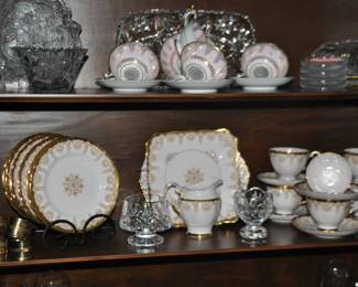 Still More Cut Glass, and Crystal Including Vintage Indiana Glass "Loganberry" Bowl, ABP Sawtooth Oval Daisy Platter, Tuscan England Twenty Piece Tea Setting, Paragon Cup & Saucer, Vintage Mocco Porcelain Teacup & Saucer from Occupied Japan.