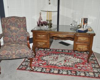 Wonderful Executive Office Featuring a Sligh Furniture (Holland, Michigan) Walnut Wood "Lowry Desk", Five-Drawers, Gold Tooled Leather Top and Custom Glass Top. 
