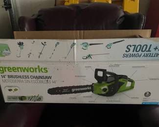 Our Garage is Full of New Power Tools including this Greenworks 14" Brushless Chainsaw, New in Box.