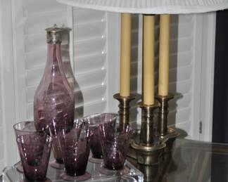 Beautiful Mid Century Modern Amethyst 10" Canteen with Silver Encased Cork Lid and a Set of Six Glasses with Etched Grape Pattern and a 19" Vintage Lamp