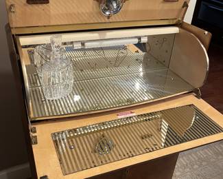 Inside View of the English Art Deco Style Rivington Cocktail Cabinet Bar with Striped Mirrored Interior and Working Light!