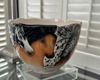 Very Cool Hand Painted Equestrian Motif Ceramic Studio Art Bowl by Happy Appy Valley Studios 9”