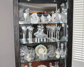 American Drew Furniture Company Curio Distressed Black Cabinet with Three Glass Shelves and Mirrored Back, 44.25"W x 13.75"D x 88.25"H.