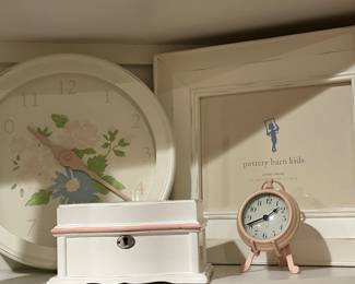 Sweet Girls Room Decor including a Pottery Barn "Ashby" Frame, Lovely Wall Clock and Pottery Barn Kids Abigail Ballerina Music Jewlery Box.
