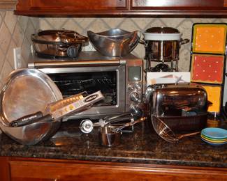 Wonderful Kitchen Appliances including an All-Clad 7" Waffle Maker, E105725, A Breville Smart Oven Convection Oven Model BOV800XL/A, a great Fondue Pot by Williams Sonoma Designed by Ruffoni and Made in Italy (1qt), Stunning Selection of Nambe Bowls, a GE 2-Slice Toaster and a Bella Casa Divided Hors D’œuvres Tray!