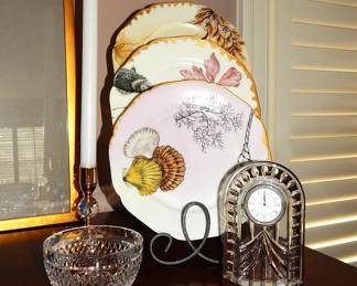 Vintage Haviland & Company Depose, Limoges France 7.25" Plates, Two Sets of Four and One Set of Three Available, a Waterford Vintage "Overture" Desk Clock and Waterford Alana Open Sugar Bowl