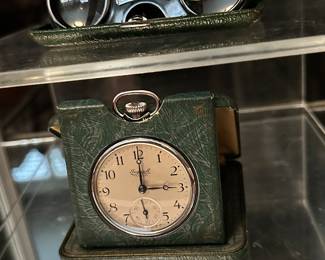 Fabulous Vintage Vega Compak Opera Glasses Model No. 724 and Vintage Ingersoll Traveler Pocket Watch with an Art Deco Case Likely Dating back to the 20th Century 