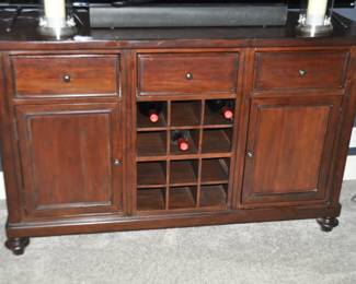 Wonderful Pottery Barn 3 Drawer and 2 Door Cherry Sideboard with Removable Wine Inserts, 58.5" x 18.5D x 36"H.