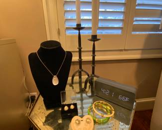 Top View of the Lovely Bombay & Co Accent Table, Jewlery and Home Decor.