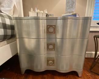 Eye Catching Bernhardt, Silver Leaf Three Drawer "Salon" Nightstand/Chest of Drawers, 34"W x 19"D x 30"H.