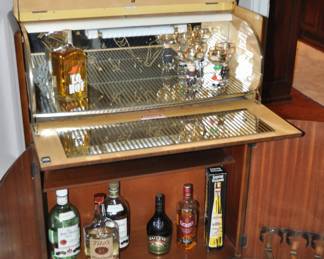 Additional Inside View of the English Art Deco Style Rivington Cocktail Cabinet Bar with Mirrored Interior and Working Light!