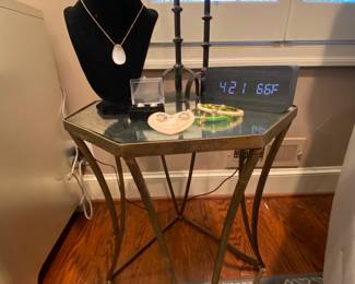 Beautiful Mirrored Bombay & Co. and Brass Demi-Lune Accent Table with Wonderful Jewlery and Home Decor.