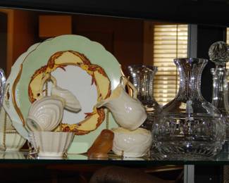 Stunning Vintage J.P Limoges France "Five Birds" Decorative Plate with Gold Trim and Two Handles, 7.5" and Two Sets of Vintage Belleek Cream and Sugar Sets