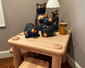 Gorgeous Americana Log Furniture by American Design Company (Birmingham, MI) Wood Kids Side Table with Two Stools, 25.5"Square by 22.5"H