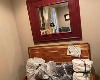 Fantastic Lane Cedar Trunk 47.5"W x 18"D x 20.5", Shown with a Great Red Mirror, 37.5"W x 33.5"H. 