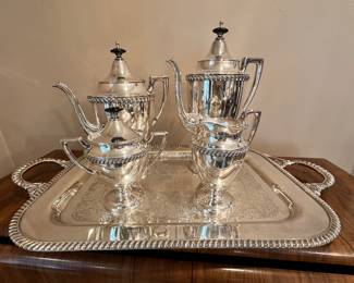 Antique Crescent Silver-Plate Coffee and Tea Set with Cream, Sugar and Tray. 27