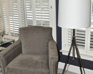 Hickory Furniture Company "Bolero Chair" with Nail Head Trim and Matching Ottoman in Brown Shown with West Elm Brushed Nickel Tripod Adjustable Floor Lamp.