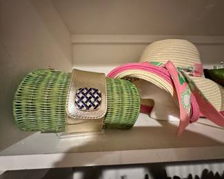 Lilly Pulitzer Green Wicker Shoulder Bag Clutch & Lilly Pulitzer Floppy Straw Sun Hat.