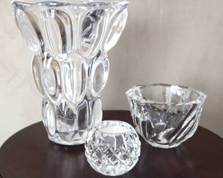 Fabulous Vintage Vannes Le Chatel France Limited Edition Signed Crystal Vase, 7"W x 8.5"H, Shown with a Waterford Crystal Faceted Votive and a Orrefors Sweden Crystal Swirl Bowl 3.25".