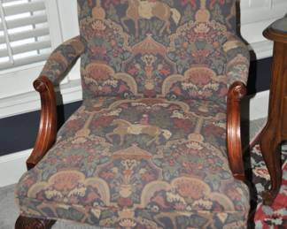 Vintage Georgian Style Carved Mahogany Tapestry Library Ball and Claw Arm Chair, 28"W x 23.5"D x 40"H. 