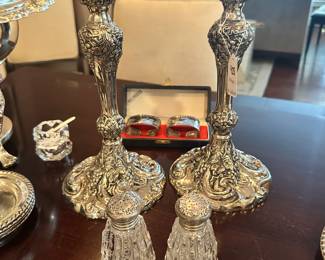 Vintage 9" Godinger Candle Stick Holders with Ornate Grape Pattern, and Other Vintage Dining Accessories