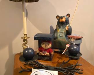 Up Close Details of one of the Pair of Brass Asian Dolphin Table Lamps, Part of the Crate & Barrel Iron Candle Holders and one of the Many Big Sky Bears Available, this one is "Bernie" and is Numbered 359/4950 and is Part of the Limited Edition Kalispell Collection