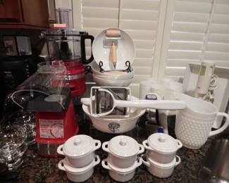 Set of Six Staub Ceramic Pots, Beautiful Hobnail Glass Pitcher in White with Six Matching Glasses, Vintage 10" Serving Bowl from Pfaltzgraff "Farmers Market Collection", Cordon Bleu 12" x 8.25" Casserole Dish, Braun Hand Blender Model 4169 and Still more!