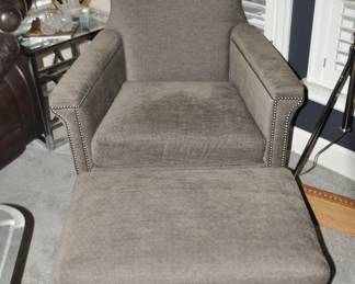 Hickory Furniture Company "Bolero Chair" with Nail Head Trim and Matching Ottoman in Brown, 35ʺW × 32ʺD × 35.5ʺH