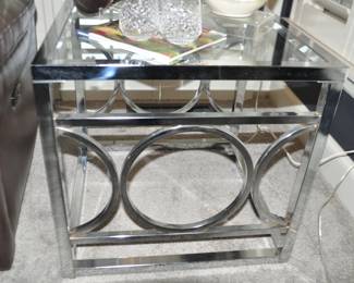 Detailed View of the Furniture of America "Rylee" Polished Chrome and Glass End Table, 23.5" Square x 22"H. (Missing Lower Glass)