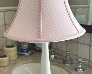 Super Sweet Pottery Barn Kids 22" Candlestick Table Lamp Base in Antiqued White with a Pink and White Gingham Shade. 