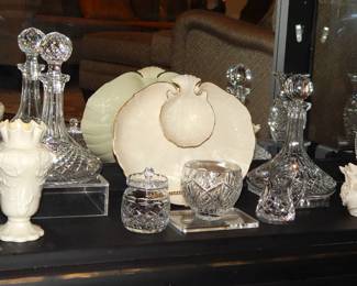 Wonderful Waterford Two-Piece "Alana" 7.5" Hurricane Starburst Lamp Shown with a Belleek 7" Bone China "Wave Crest" Vase, Belleek 3.5" Porcelain "Parisian Rose Bowl", Waterford 10" Lismore Crystal Ships Decanter, Lenox Aegean Gold Trim Clam Shell Chip & Dips Platter and More