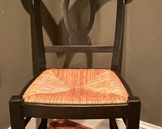 Vintage Set of Four Signature Pottery Barn Distressed Black "Napoleon" Dining Chairs with Natural Rush Seats! 18"W x 15"D x 35"H