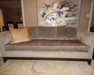 Stunning Pearson for Hickory Chair "Anna Button Sofa" in Taupe Velour Upholstery with Down Filling and Silver Nail Head Trim, 84"W x 36"D x 37"H.