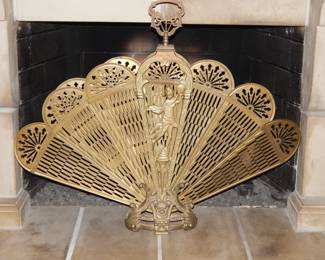 Antique Art Deco Style Brass Fan Peacock Fireplace Folding Screen, C. 1920's 41.5"W x 33.5"H.