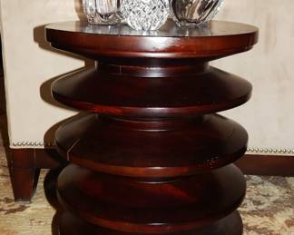 Ethan Allen Solid Wood "Accordion" Accent Table, 14.25" Diameter and 20"H, Two Available. Shown with Additional Crystal Pieces.