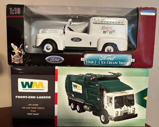Vintage Die-Cast Metal Replicas in Iron from First Gear a Traditional Waste Management Garbage Truck and a Vintage 1948 F-1 Ice Cream Truck, Both New in Box. 
