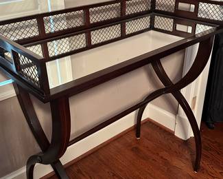 Up Close View of the Vintage Barbara Barry for Baker Drinks Table with Removable Mirrored Serving Tray, this Piece is Stunning!