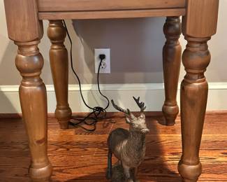 Up Close View of the Beautiful Pottery Barn Side Tables, 24" Square by 26"H, and A Beautiful Cast Iron Elk Figurine 11.5" x 11.5".