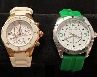 Michele Jelly Bean Tahitian Chronograph Gold-Tone Watch with White Silicon Band Watch and an Allen Lyle Green Silicone Watch.