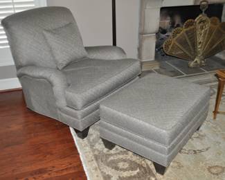 Wonderful Ethan Allen Brown and Beige Upholstered Reclining Chair with Matching Ottoman, 36"W x 46"D x36"H.