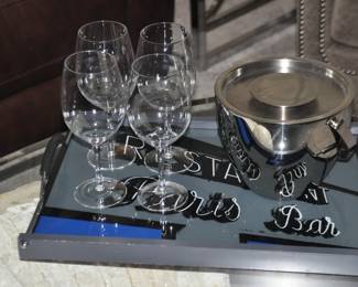 A Standout Serving Tray by Axis Paris, 20"W x 14.5" Shown with a Set of 4 R. Croft Red Wine Glasses and a Crate and Barrel "Classic Tap" Stainless Steel Double Wall Ice Bucket with Lid.