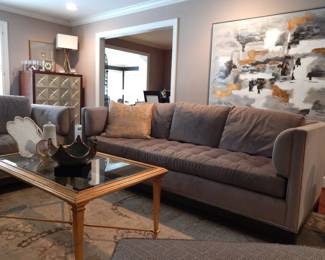 Wonderful Living Room Seating Area with Pearson for Hickory Chair Couch and Loveseat Shown with a Hickory Chair "Bristol Cocktail Table" in Gold Leaf with Glass Top, 42"W x 26"D x 36"H